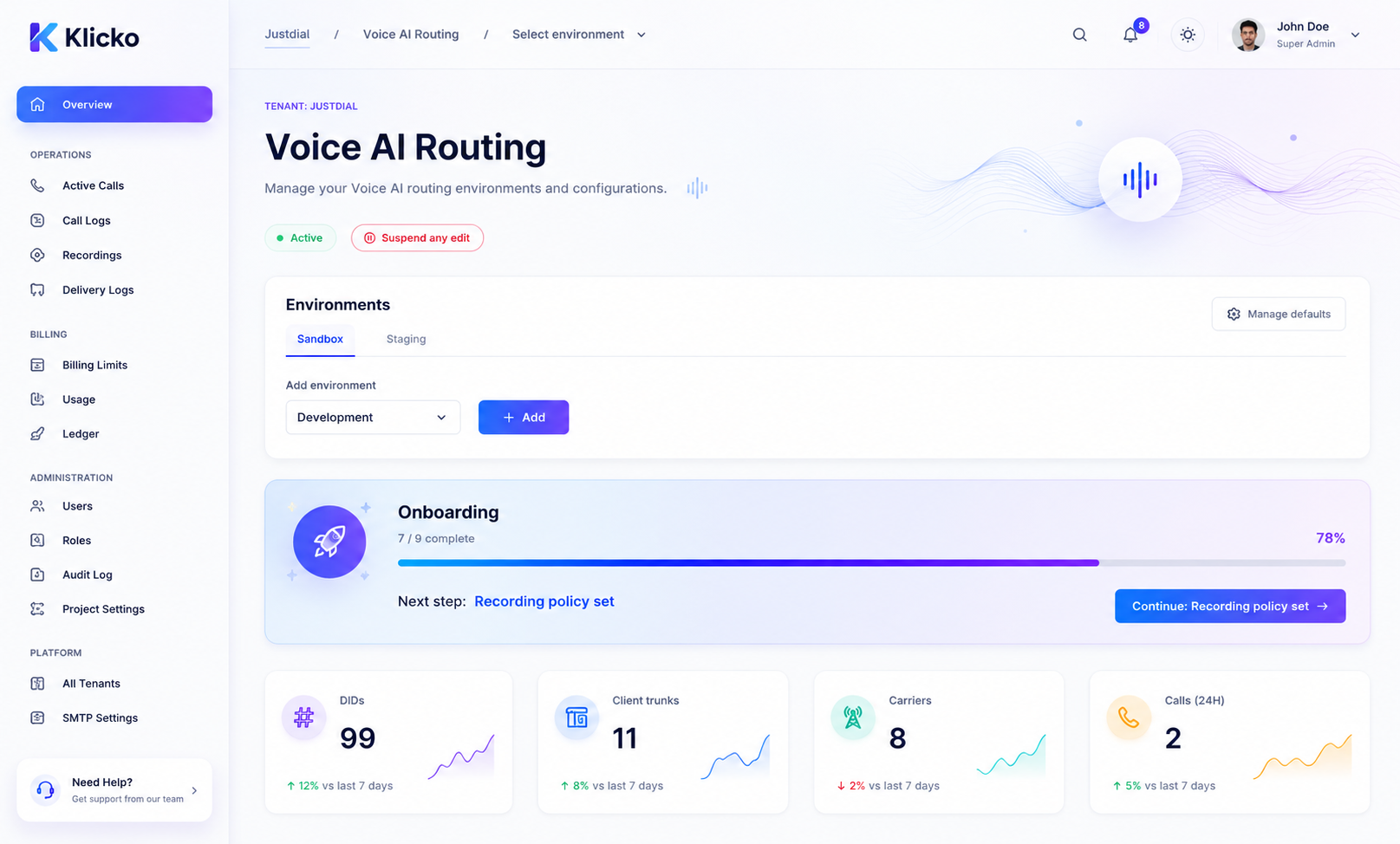Klicko dashboard showing voice platform management screens